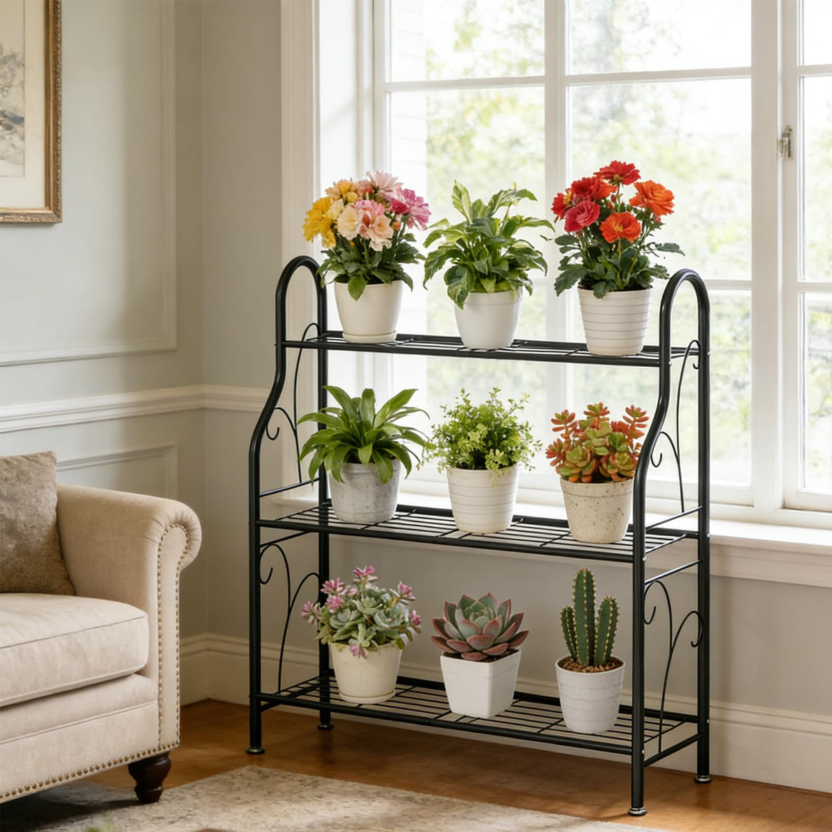 SORCEDAS plant stand displayed in a living room with bonsai for stylish organization
