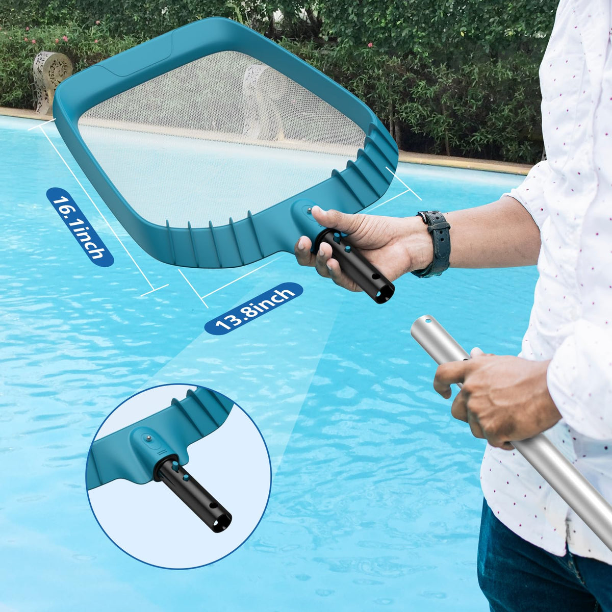 SORSWEET pool net demonstrates simple debris removal from surface.