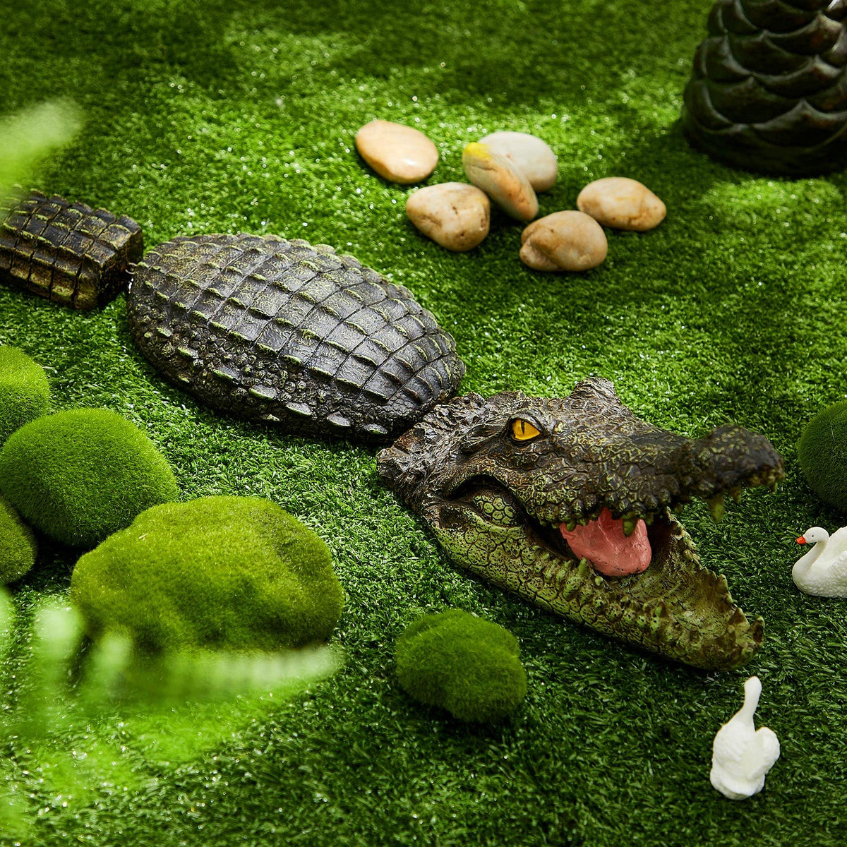 Sotiff waterproof-coated alligator decoy withstands weather.