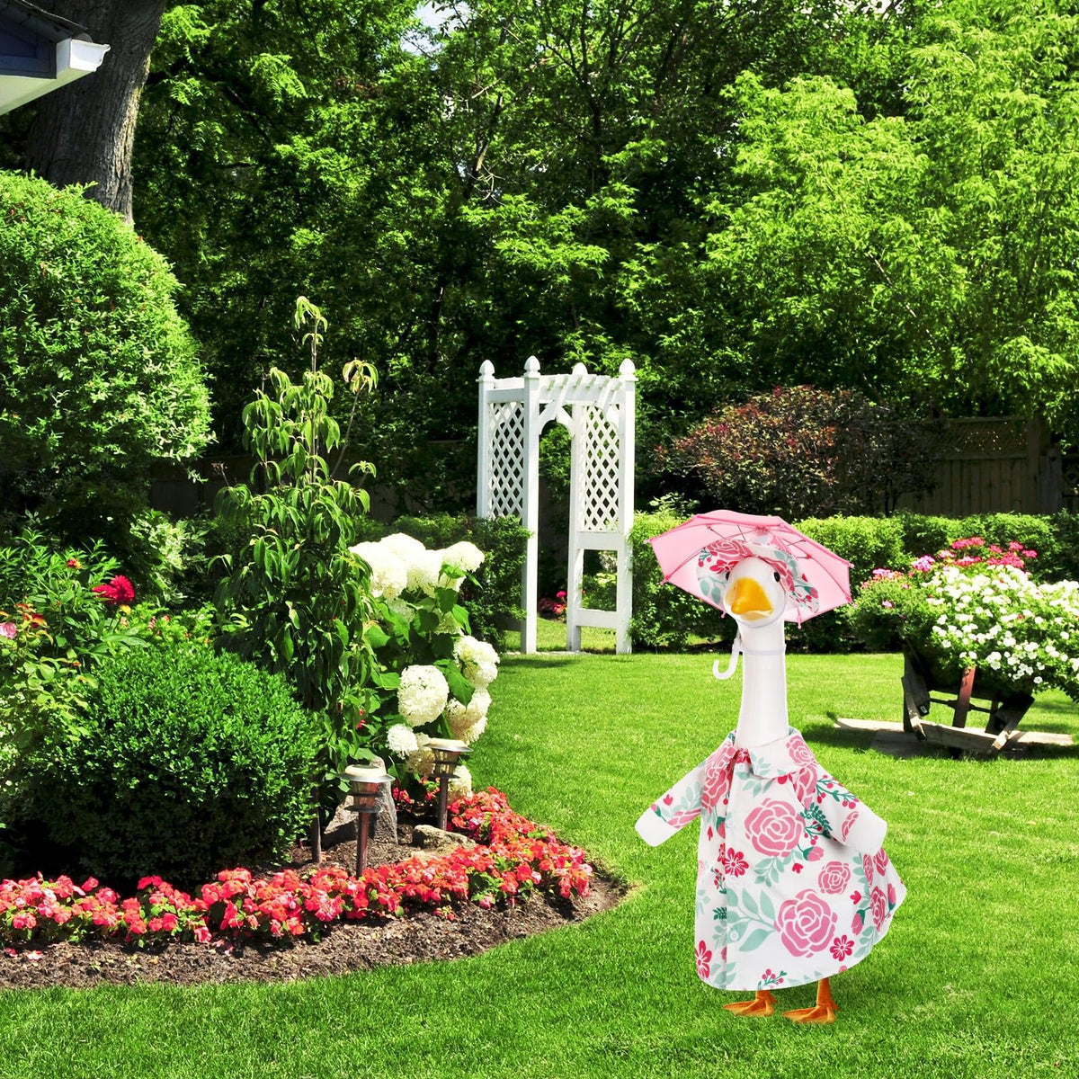 Soulchen porch goose ensemble enhances outdoor spaces without overpowering scenery