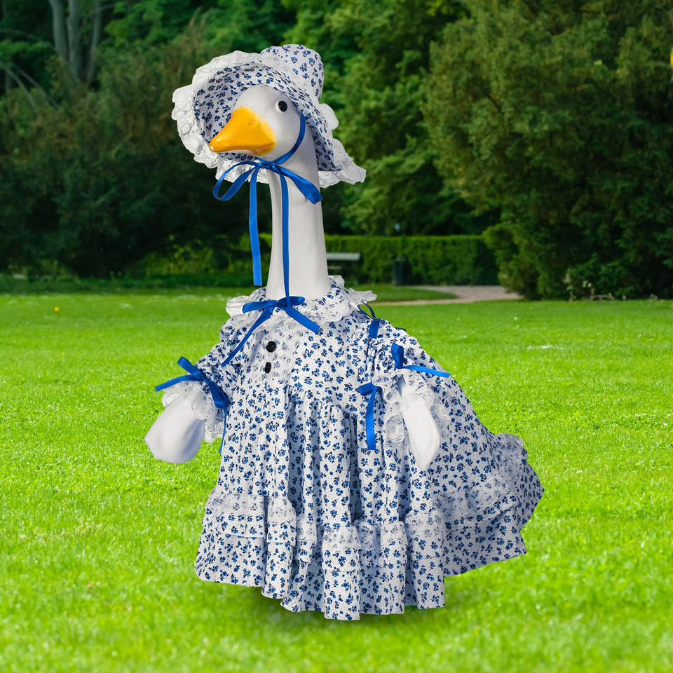 Soulchen spring goose outfit with blue flowers enhances porch decor and curb appeal