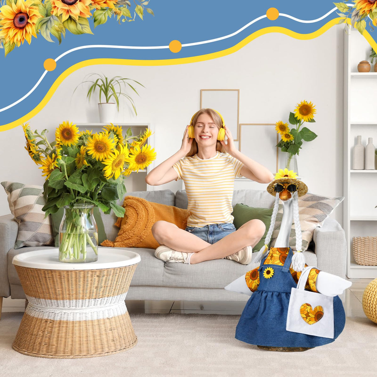 Soulchen sunflower goose hat adds sunny charm to porch display