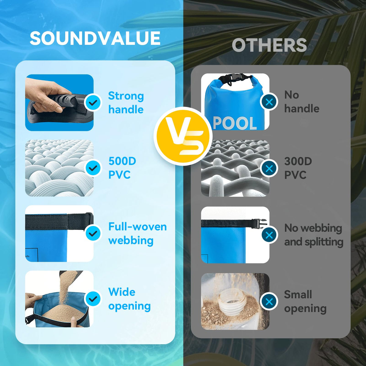 Soundvalue 500D PVC pool weights offer durable, weatherproof support for outdoor stairs