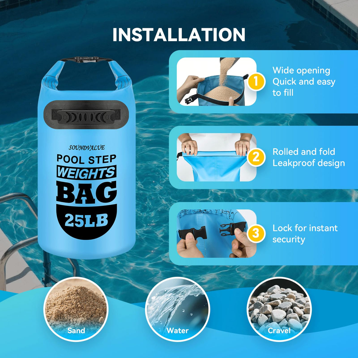 Soundvalue universal sand bags for pool steps with easy fill and secure attachment