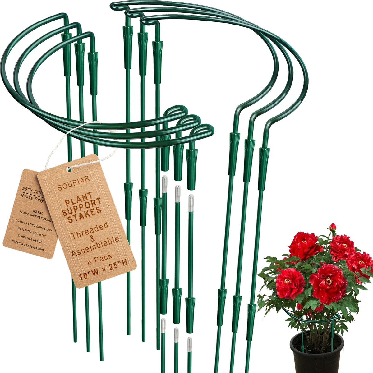 Soupiar threaded-lock plant stake 25in height supports tall peonies and hydrangeas.