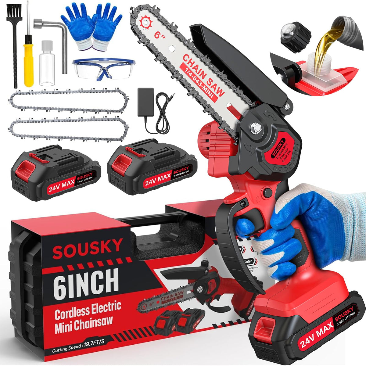 SOUSKY 6 inch mini chainsaw with dual batteries ready for extended pruning tasks