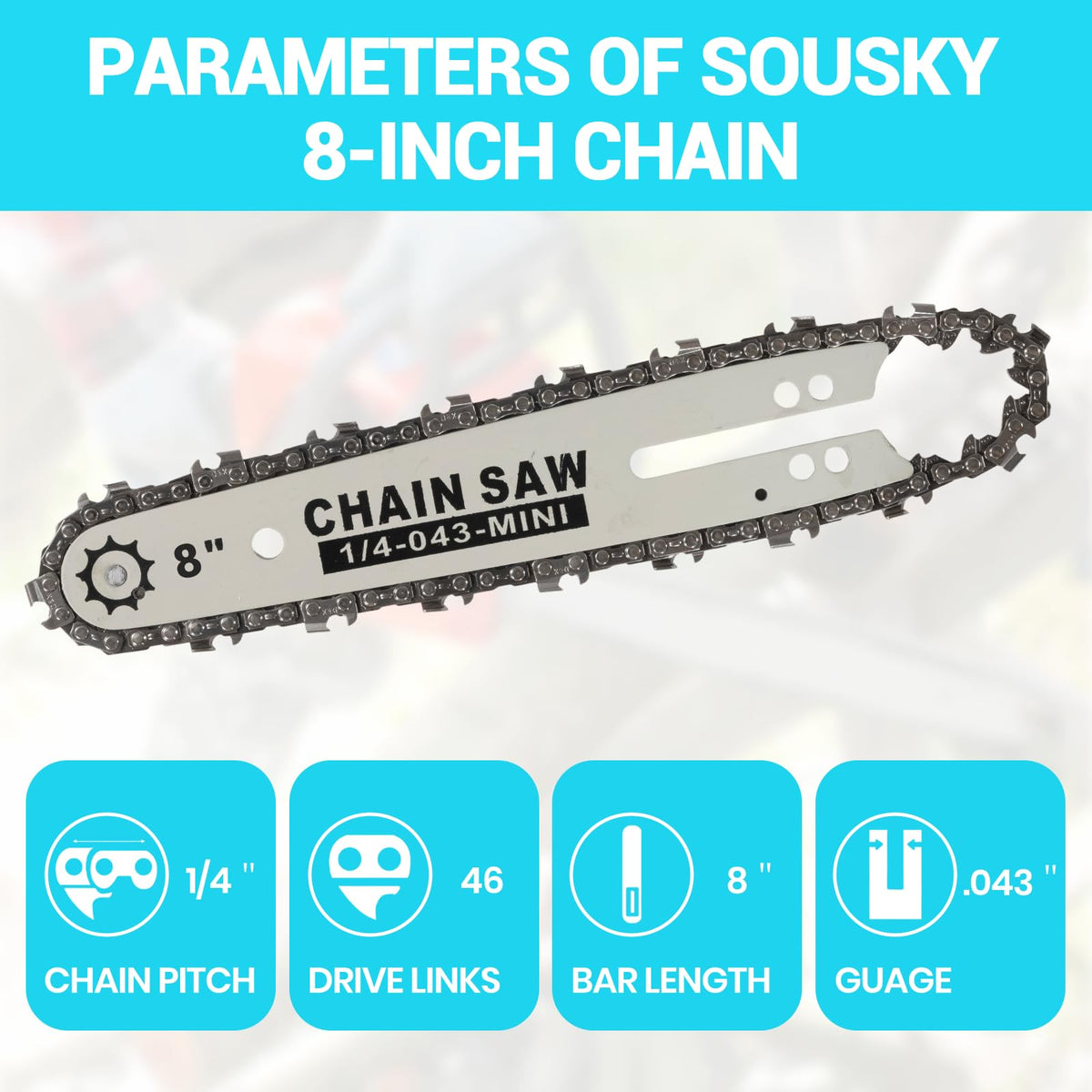 SOUSKY 8in chain 1-4 LP pitch with sharp teeth for clean cuts.