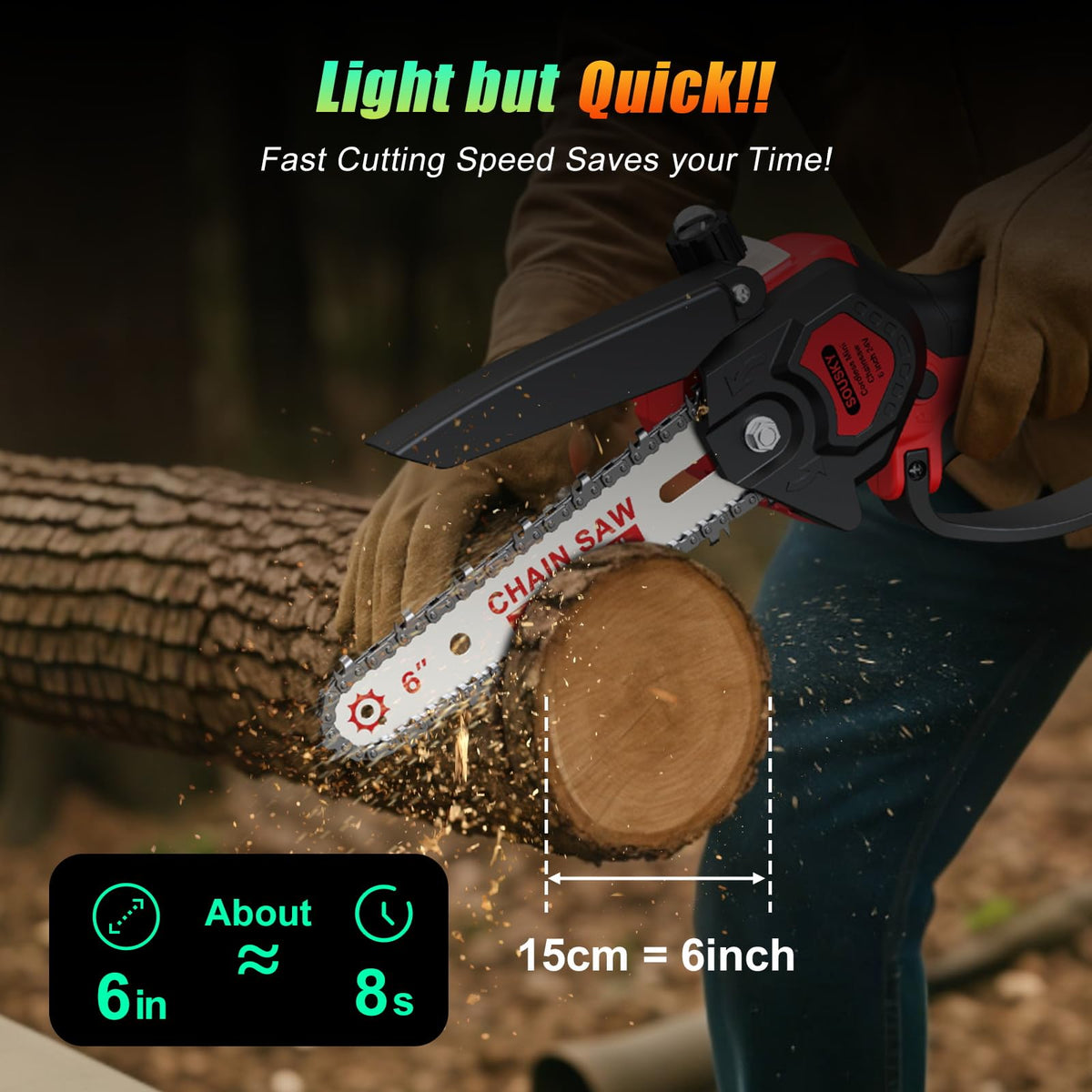 SOUSKY mini chainsaw auto-oiler system keeps the chain lubricated for easier cuts