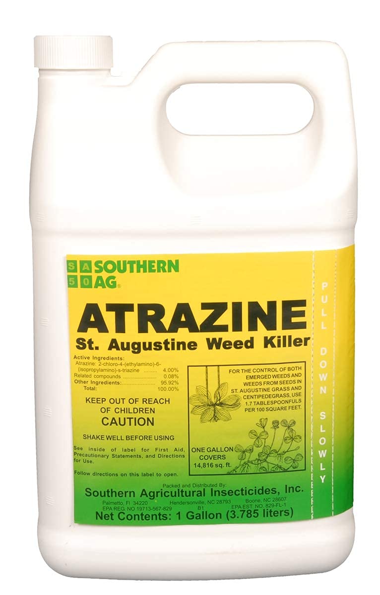 Southern Ag Atrazine bottle pour for St. Augustine lawn weed control and easy application.