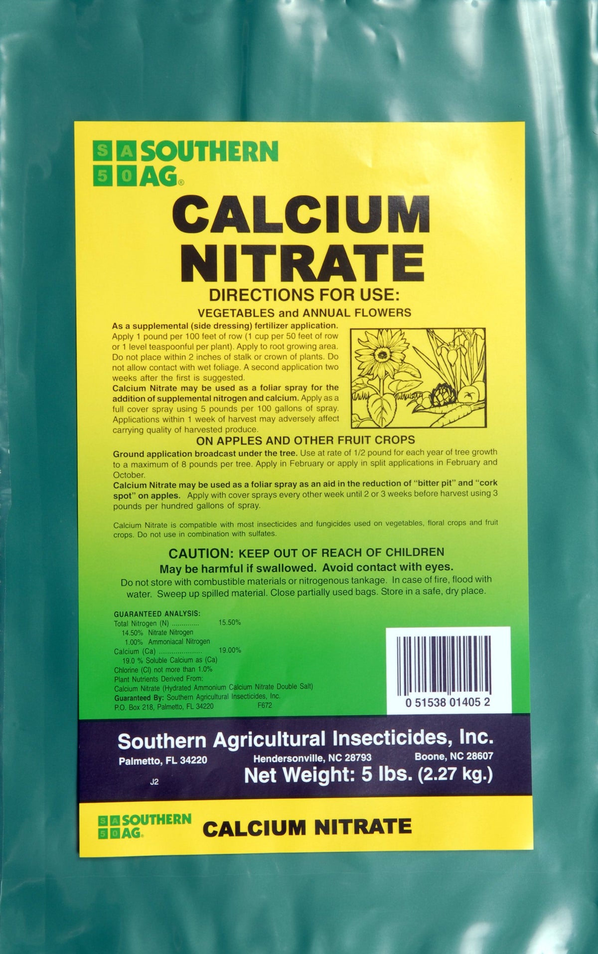 Southern Ag Calcium Nitrate bag showing soluble nitrogen and calcium for vegetables and flowers