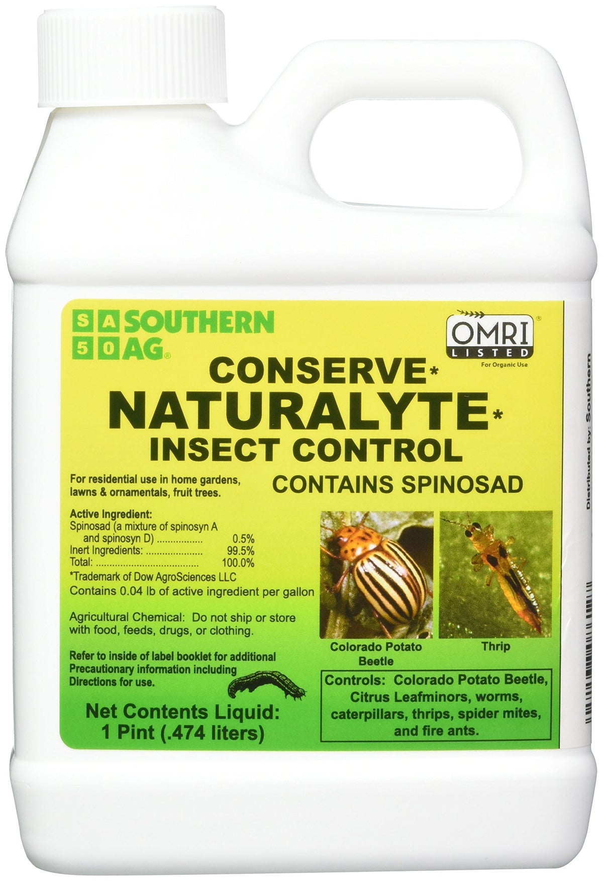 Southern Ag Conserve Naturalyte bottle label noting OMRI listing and caterpillar control use.