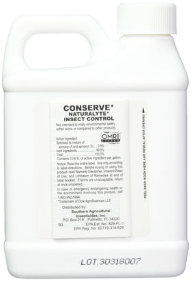 Southern Ag Conserve Naturalyte spray being applied to plants to control caterpillars and leaf miners.