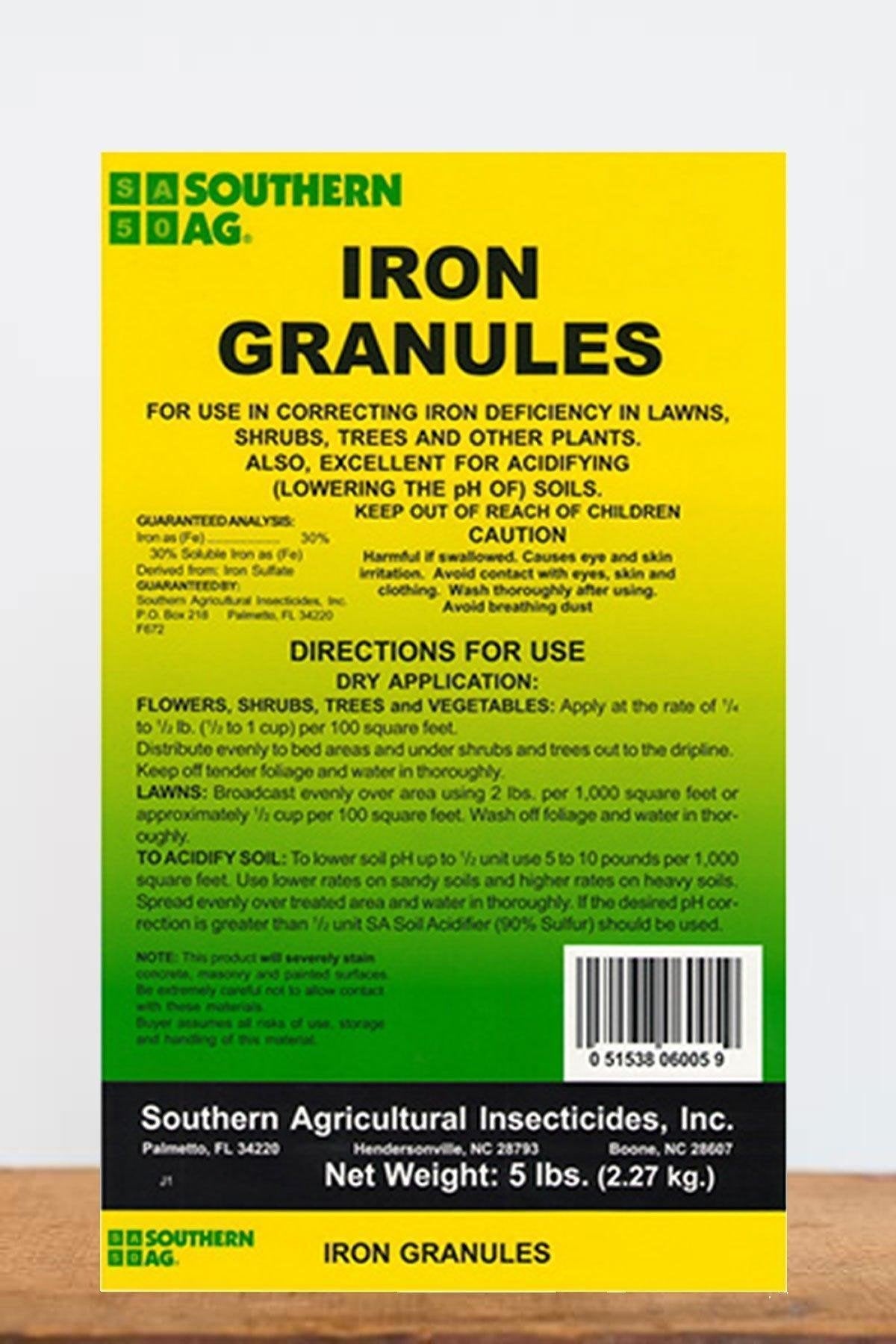 Southern Ag iron granules 5 lb bag for correcting iron deficiency in acid-loving plants