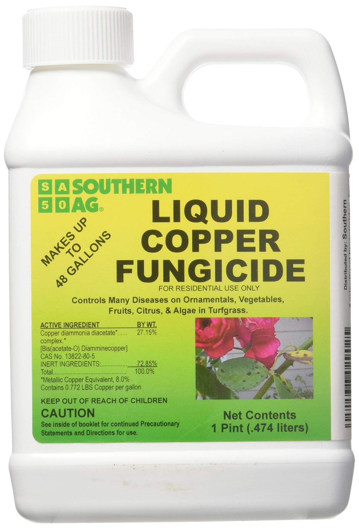 Southern Ag Liquid Copper Fungicide bottle pour for garden disease control on vegetables.