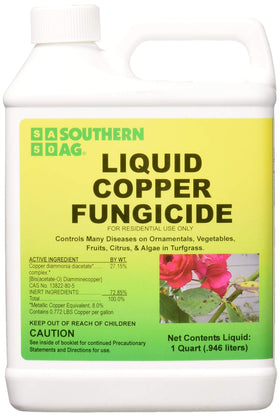 Southern Ag Liquid Copper Fungicide bottle used to protect garden plants from bacterial and fungal diseases