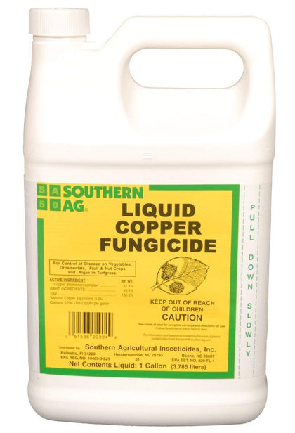 Southern Ag Liquid Copper Fungicide bottle; controls leaf spots and moss on ornamentals.