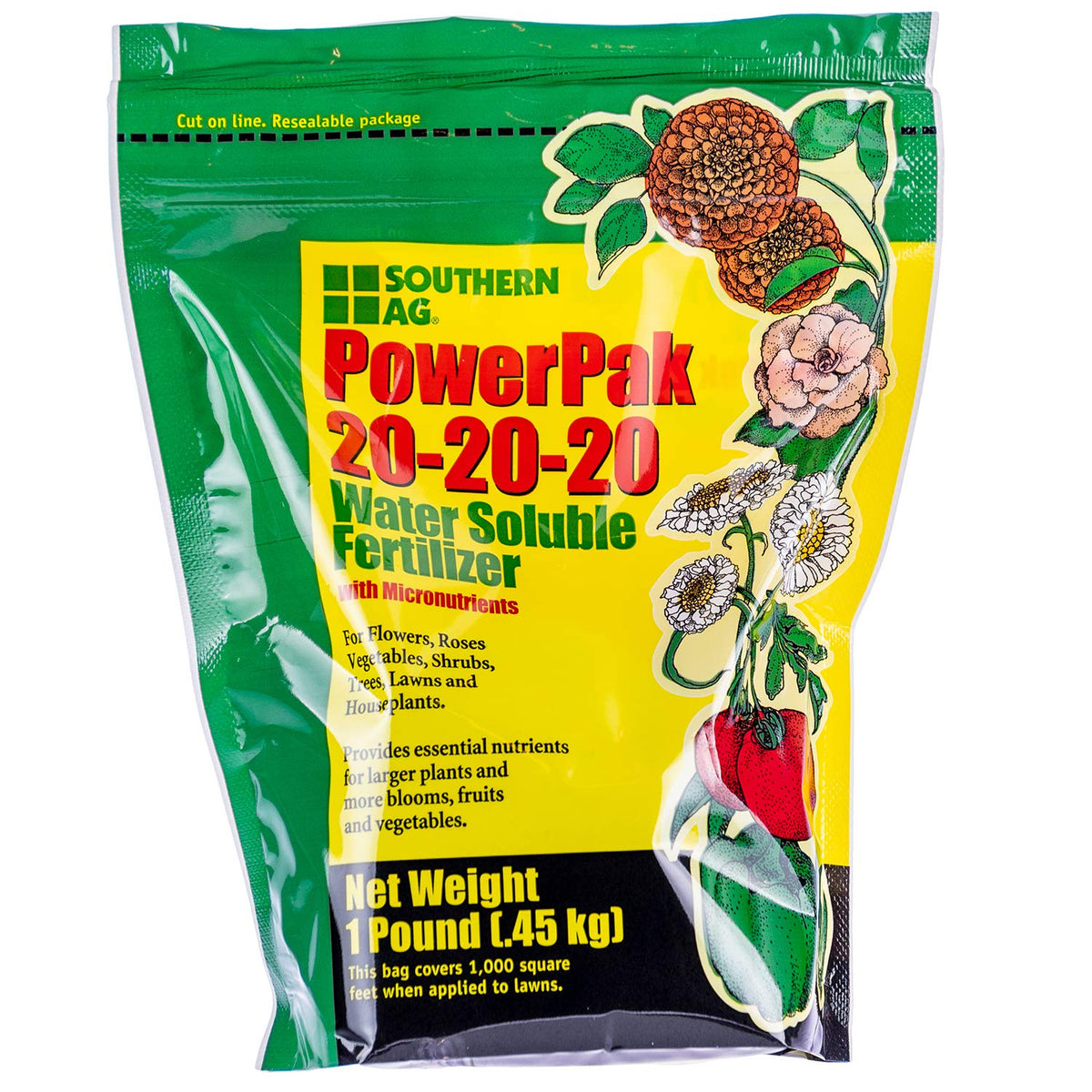 Southern Ag PowerPak 20-20-20 water-soluble fertilizer pack for thriving flowers and vegetable gardens