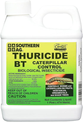 Southern Ag Thuricide BT bottle ready for organic caterpillar control on vegetables.