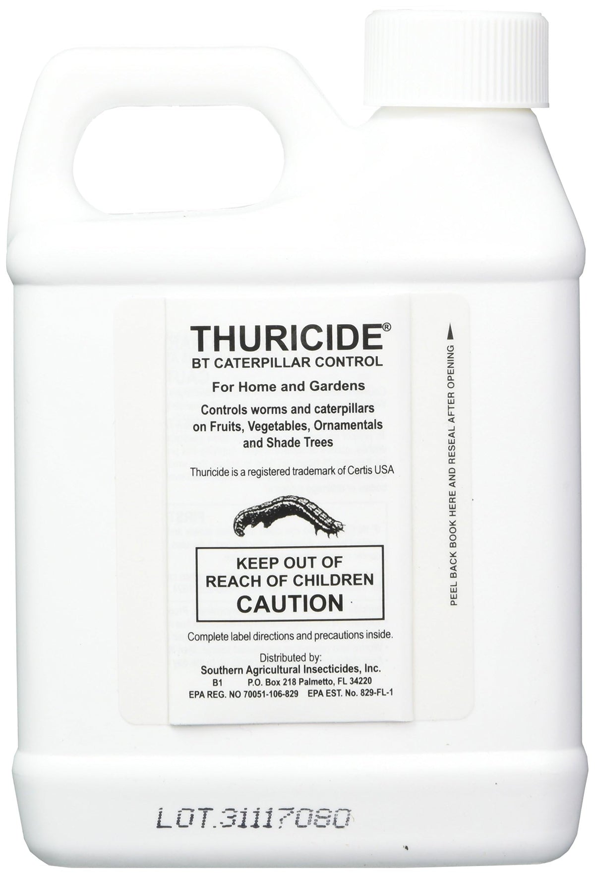 Southern Ag Thuricide BT bottle with pour spout for safe caterpillar control on edible plants.