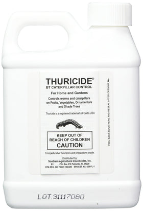 Southern Ag Thuricide BT bottle with pour spout for safe caterpillar control on edible plants.