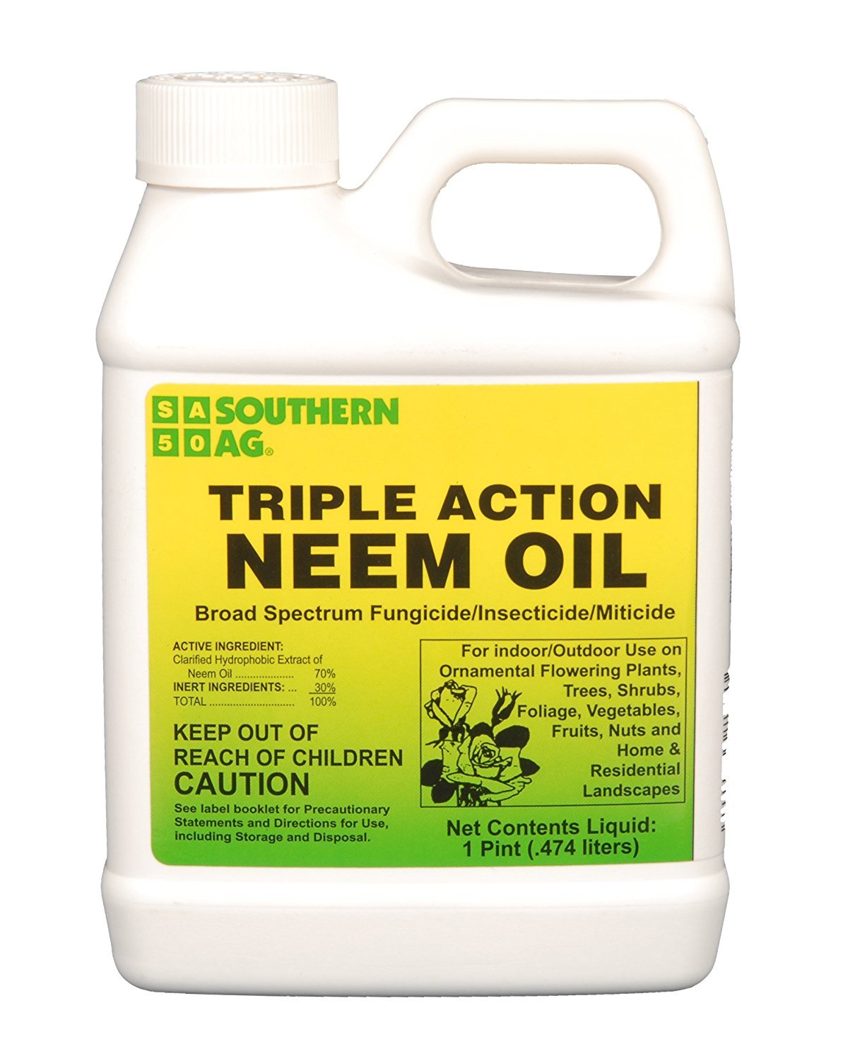 Southern Ag Triple Action Neem Oil bottle for broad-spectrum plant protection indoors and outdoors.
