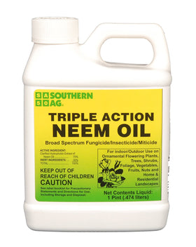 Southern Ag Triple Action Neem Oil bottle for broad-spectrum plant protection indoors and outdoors.