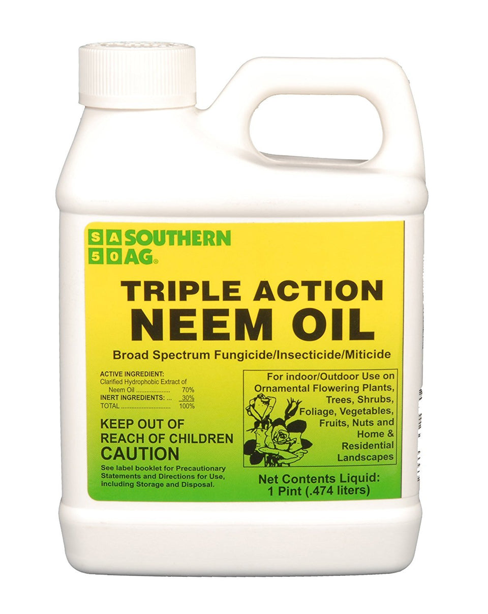 Southern Ag Triple Action Neem Oil bottle for broad-spectrum plant protection indoors and outdoors.