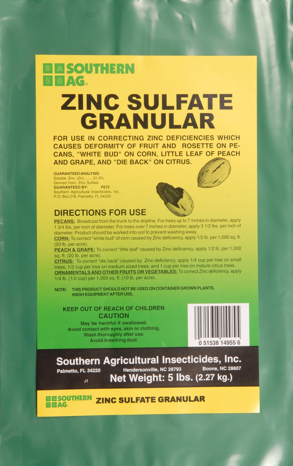 Southern Ag Zinc Sulate Granular 5lb bag for orchard zinc nutrition