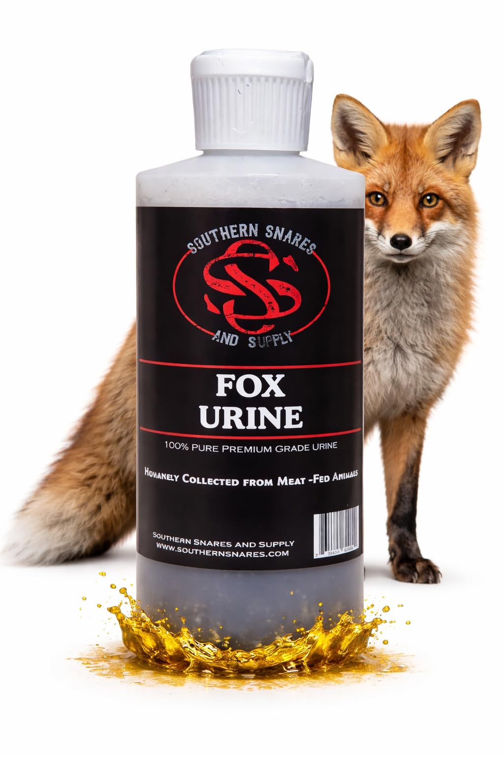 Southern Snares Fox Urine bottle for outdoor rabbit deterrence.