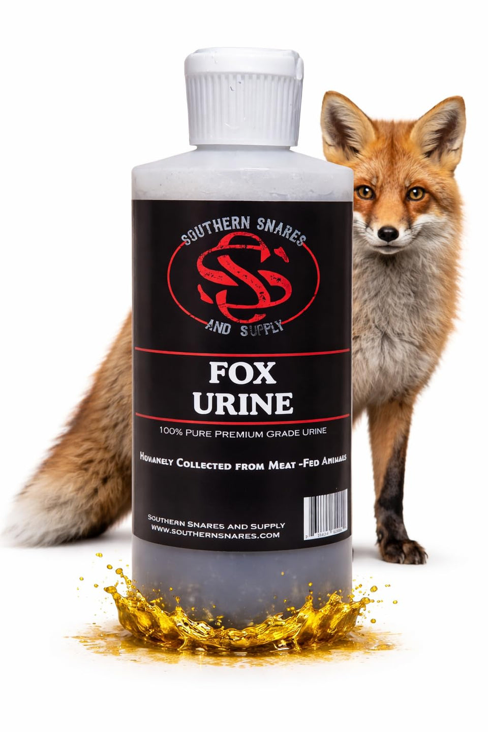 Southern Snares Fox Urine bottle for outdoor rabbit deterrence.
