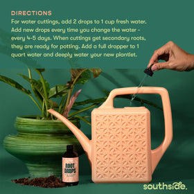 Southside Plants Root Drops hand with bottle emphasizes simple, economical rooting solution.