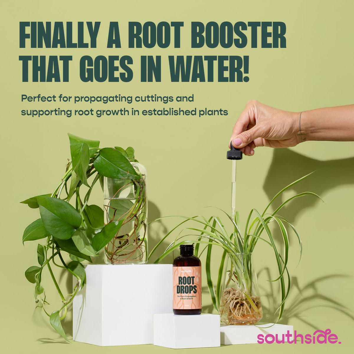 Southside Plants Root Drops liquid propagation shown for versatile media use across water and soil.