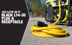 Southwire 20-foot weather-resistant generator cord ready for outdoor use.