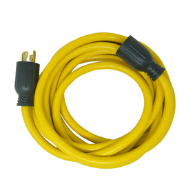 Southwire generator cord with twist-lock ends for secure outdoor connections.