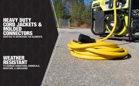 Southwire weather-resistant jacket on generator cord for outdoor use.