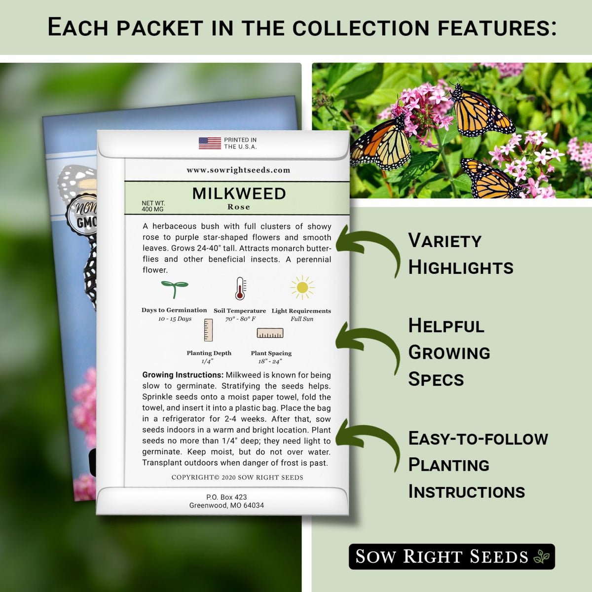 Sow Right Seeds common milkweed packet ready for sunny border planting