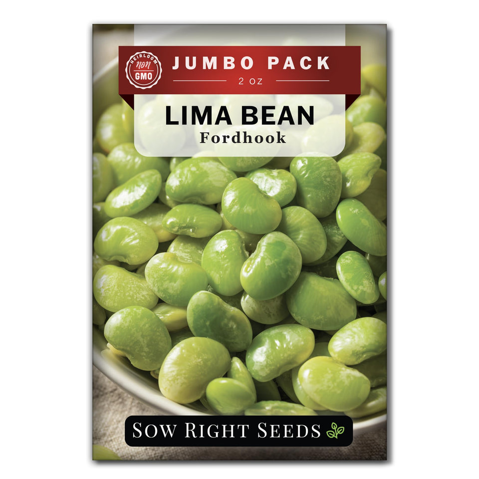 Sow Right Seeds Fordhook Lima beans bulk packet ready for planting, ideal for a large garden.