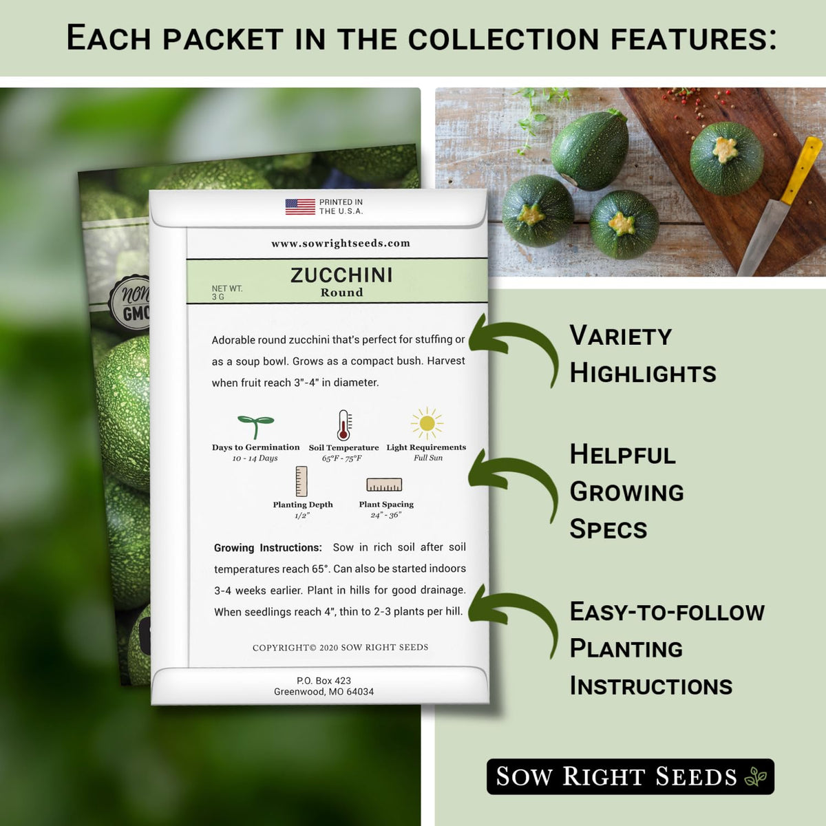 Sow Right Seeds Grey zucchini seed packet for compact patio growing.