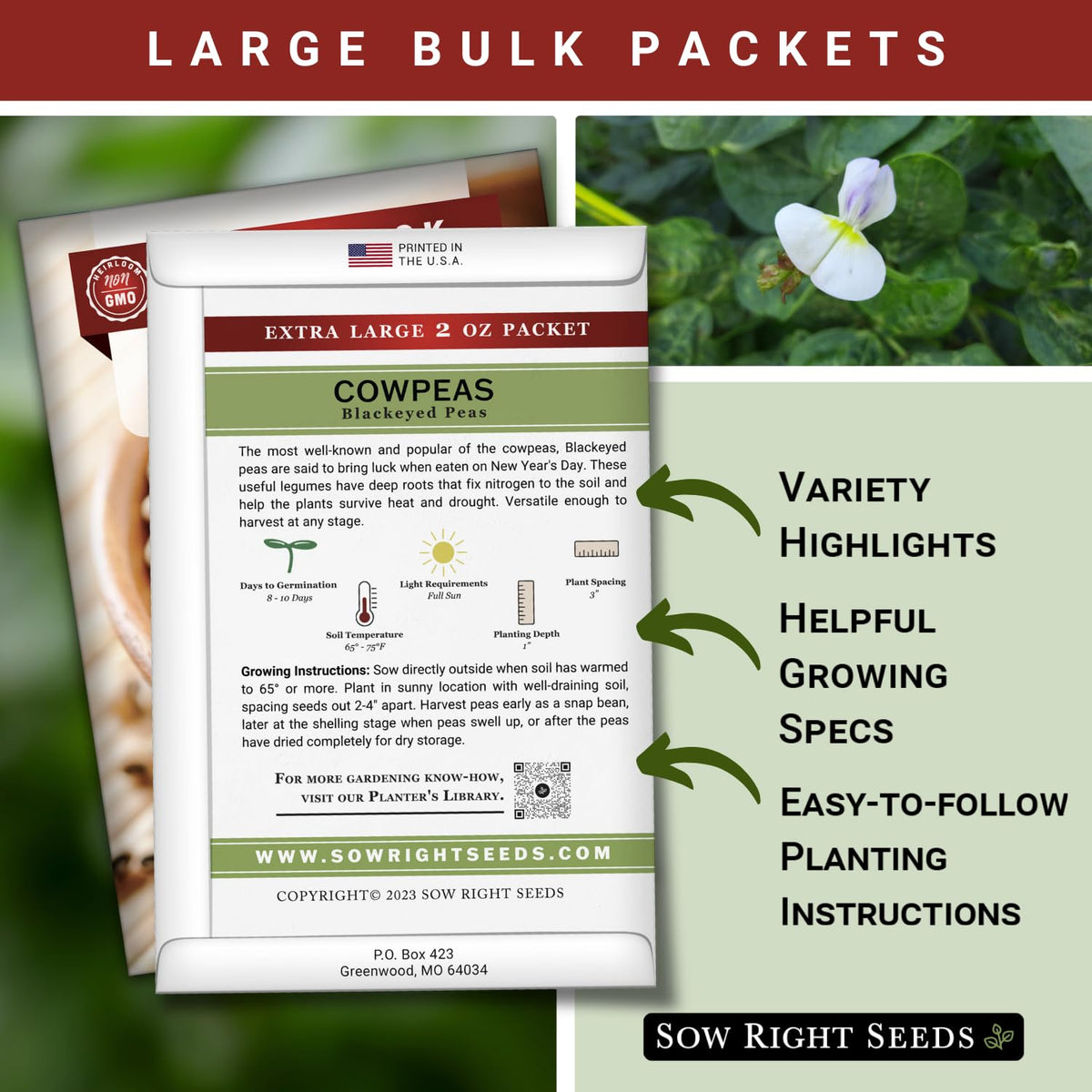 Sow Right Seeds bulk-black-eyed-cowpea-seeds planting-depth-1-inch guideline for proper seed placement.