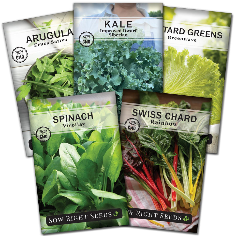 Sow Right Seeds Power Greens spinach seed pack showing tender spinach leaves for fresh meals