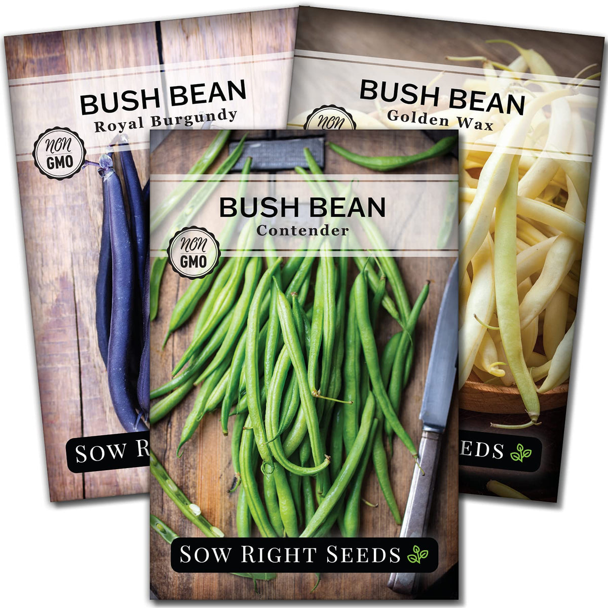 Sow Right Seeds tri-color bush bean collection packets ready for planting.