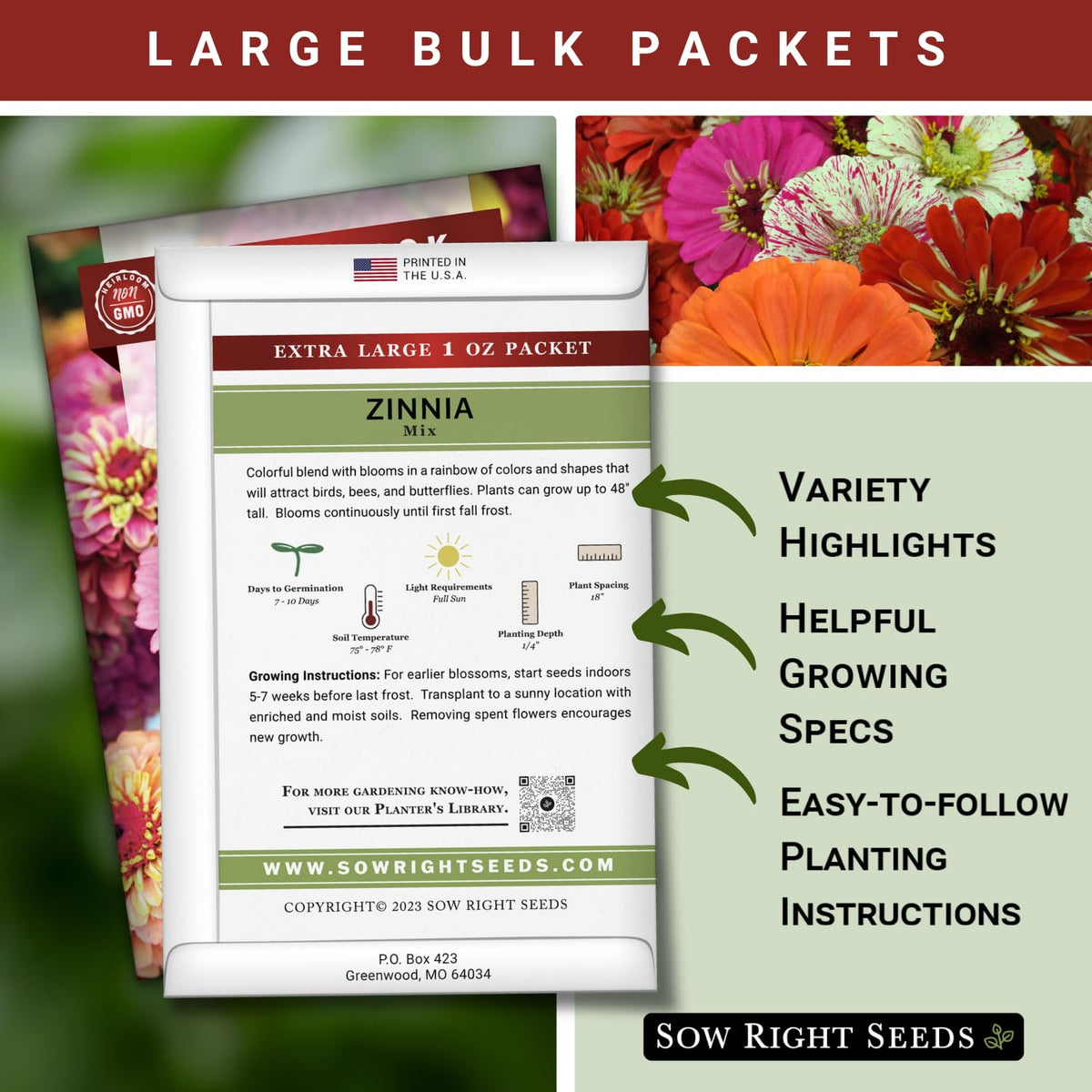Sow Right Seeds zinnia bloom display with vibrant colors for beds.