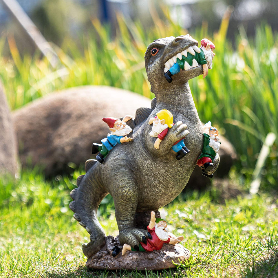 SOWSUN dinosaur gnome garden statue front view, durable outdoor decor for yard charm.