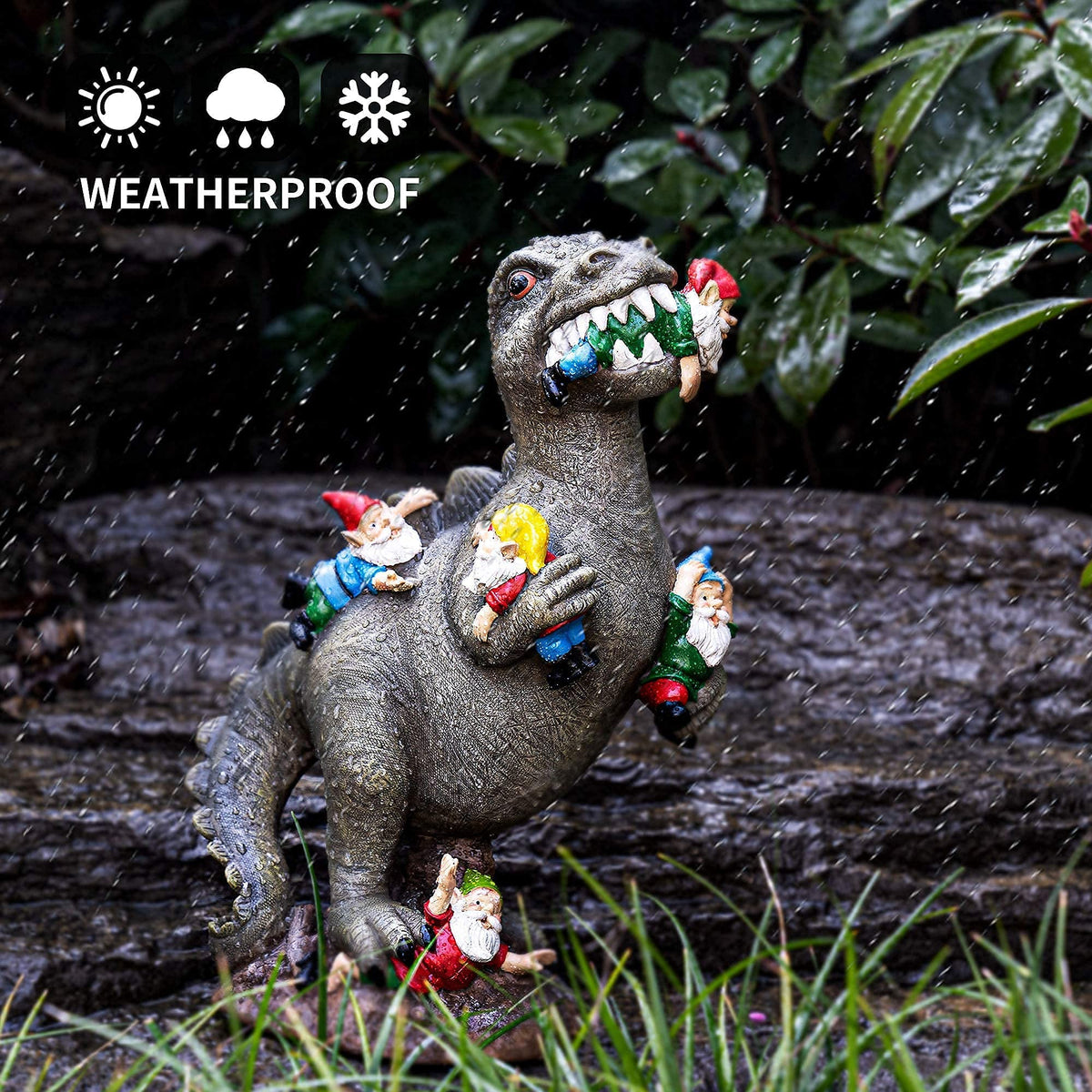 SOWSUN dinosaur gnome garden statue on patio, perfect yard display.