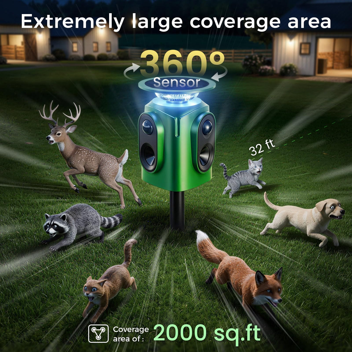 Soxayu 360° PIR range coverage for wide deterrence in yards and gardens