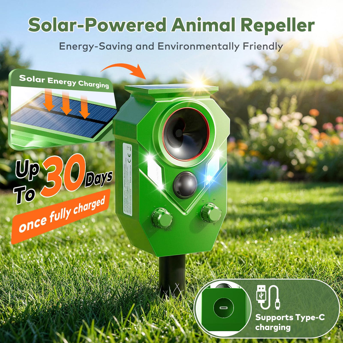 Soxayu solar panel in outdoor setup for wire-free pest deterrence.