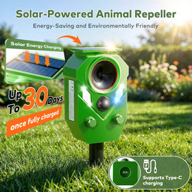 Soxayu solar panel in outdoor setup for wire-free pest deterrence.