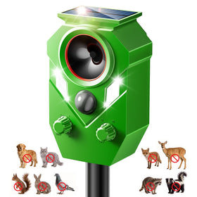 Soxayu Solar Ultrasonic Animal Repellent device deterring garden pests.
