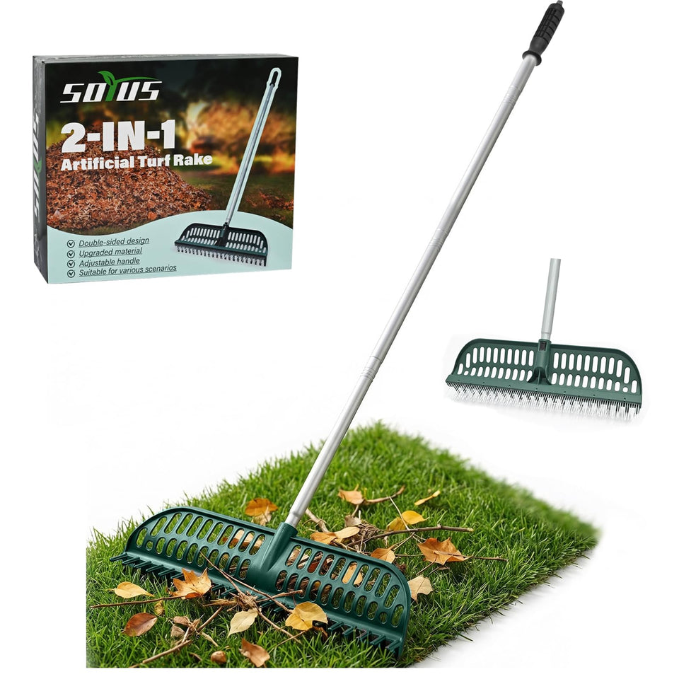 SOYUS artificial turf rake dual-head for efficient debris and pet hair removal.
