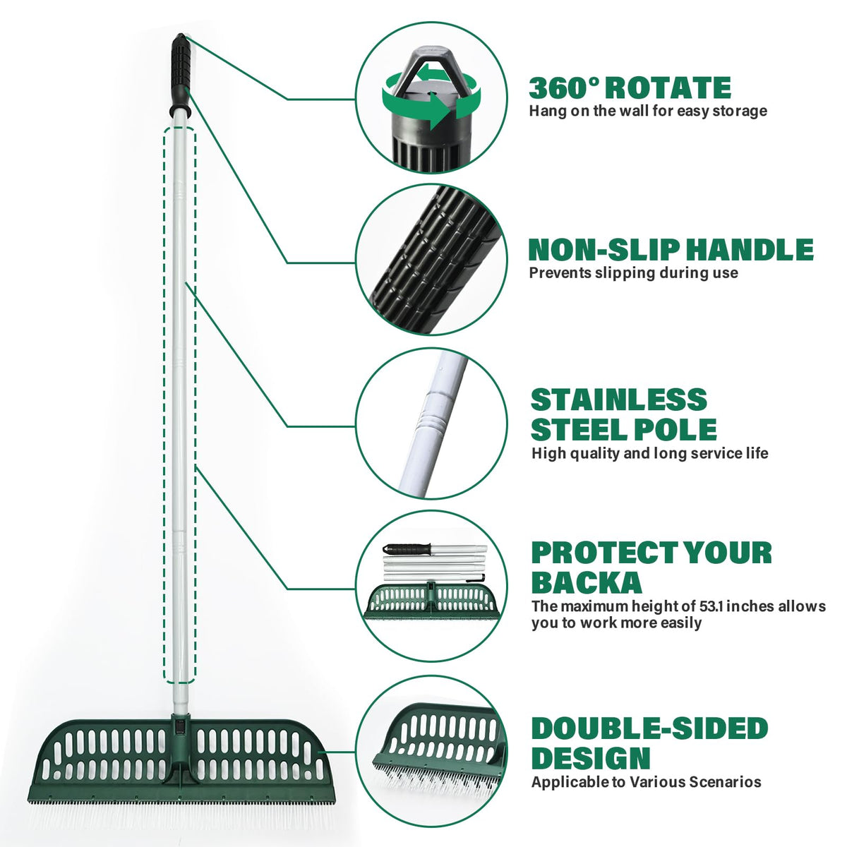 SOYUS artificial turf rake uses durable materials for long-lasting performance.